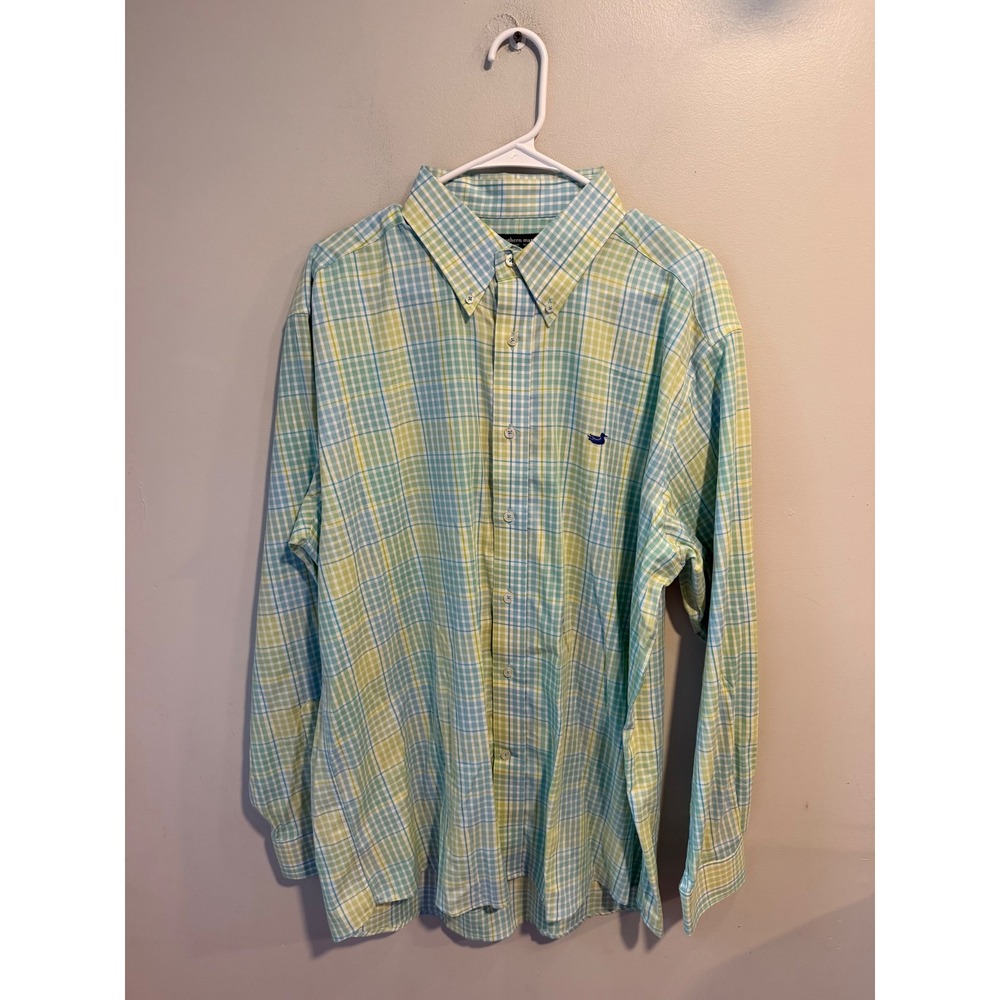 Southern Marsh Mens Large Plaid Button Down Shirt Green Blue Cotton Long Sleeve